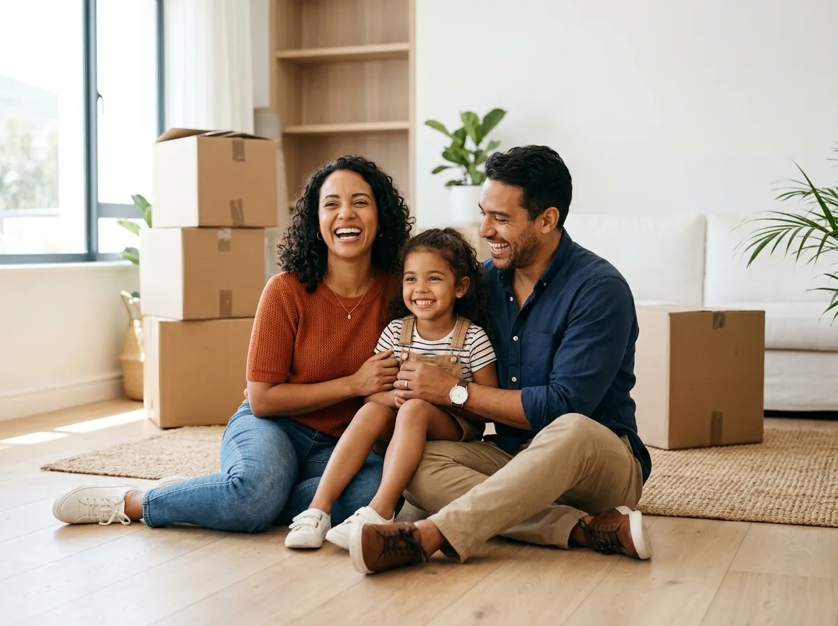 Família sorrindo sentada no chão da sala da casa nova